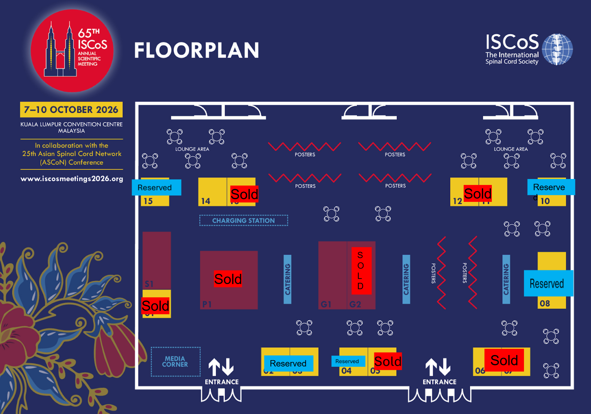 ISCoS 2026 exhibition floorplan showing sold, reserved and available spaces in Kuala Lumpur