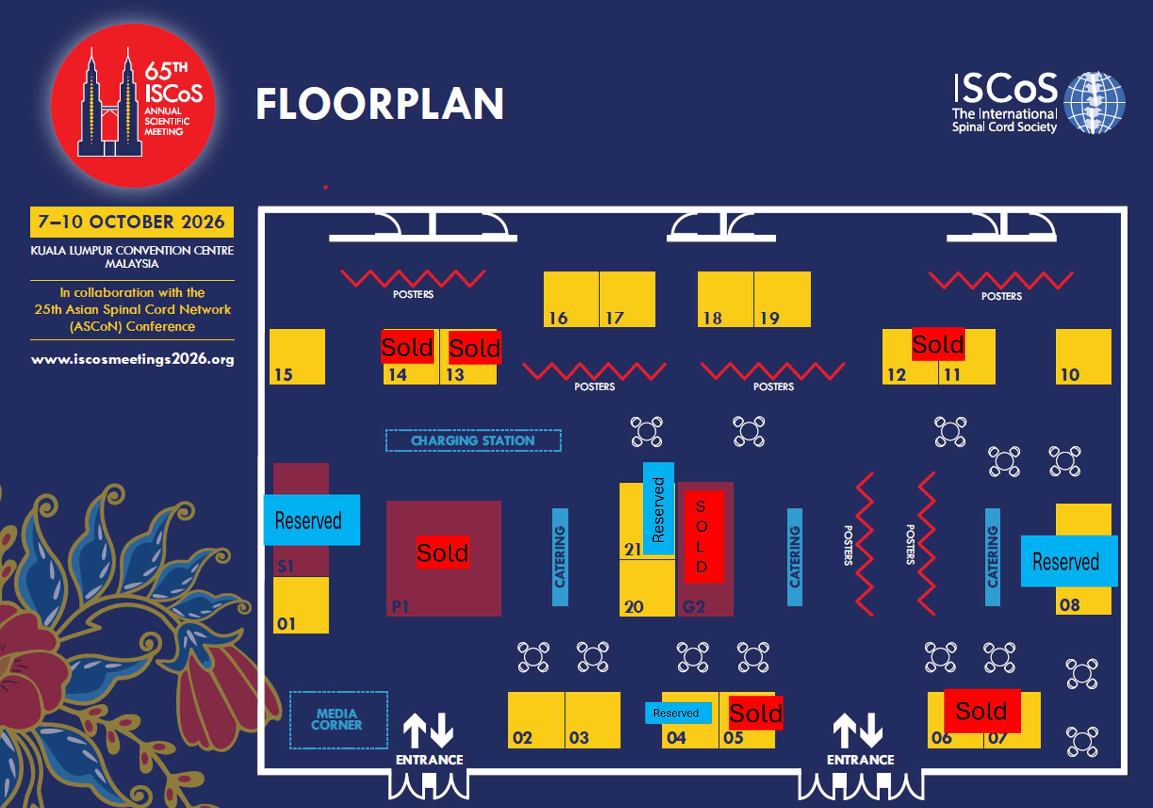 ISCoS 2026 exhibition floorplan showing sold, reserved and remaining spaces in Kuala Lumpur